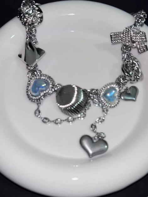 VintagePunk Seashell Blue Heart Gemstone Necklace,metallic Y2K necklace and Ocean Elements in Silver choker