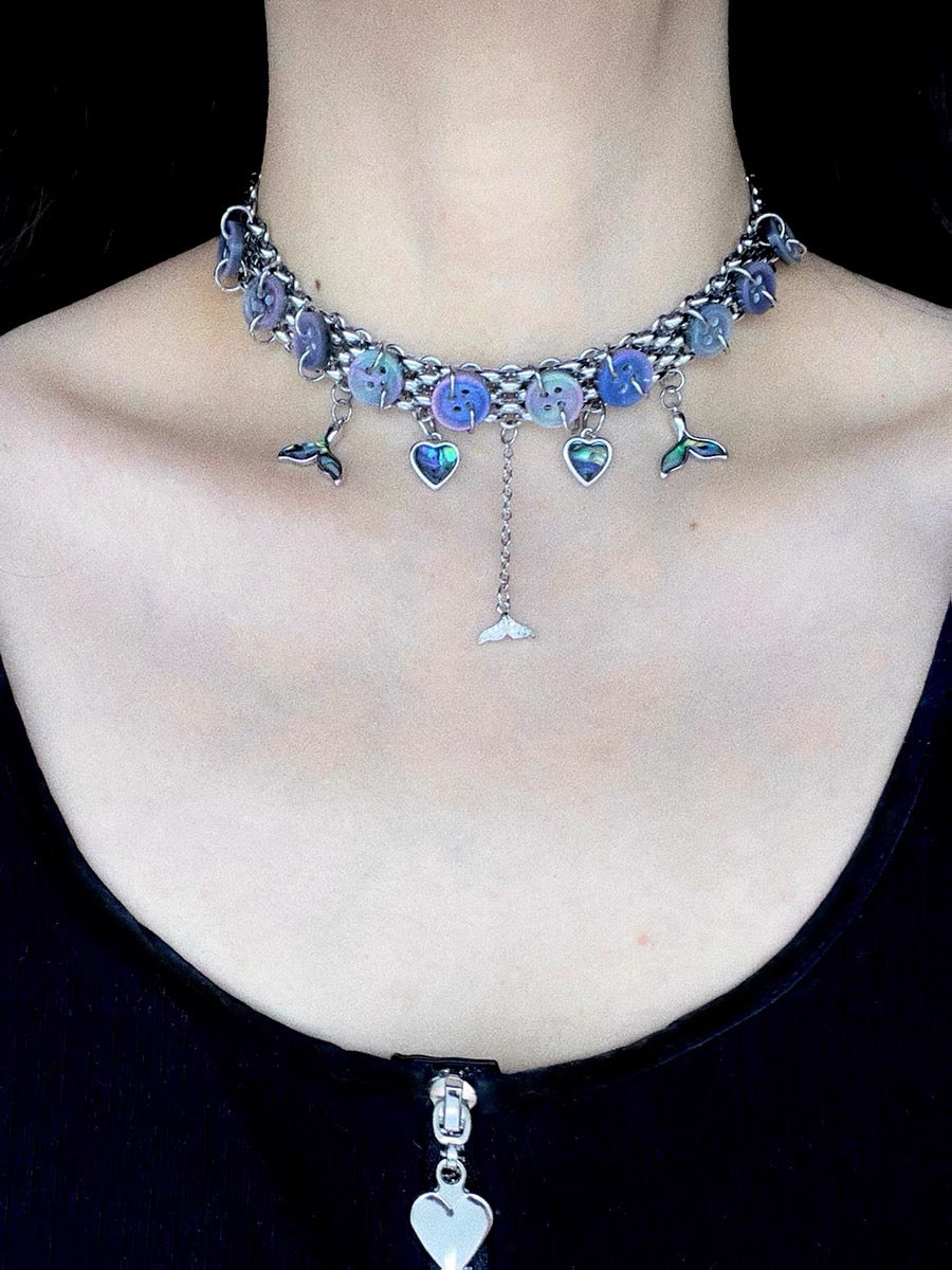 Y2K Heart Shape Button Necklace Metallic Niche Punk Mermaid Tail Pendant Chunky Choker chain