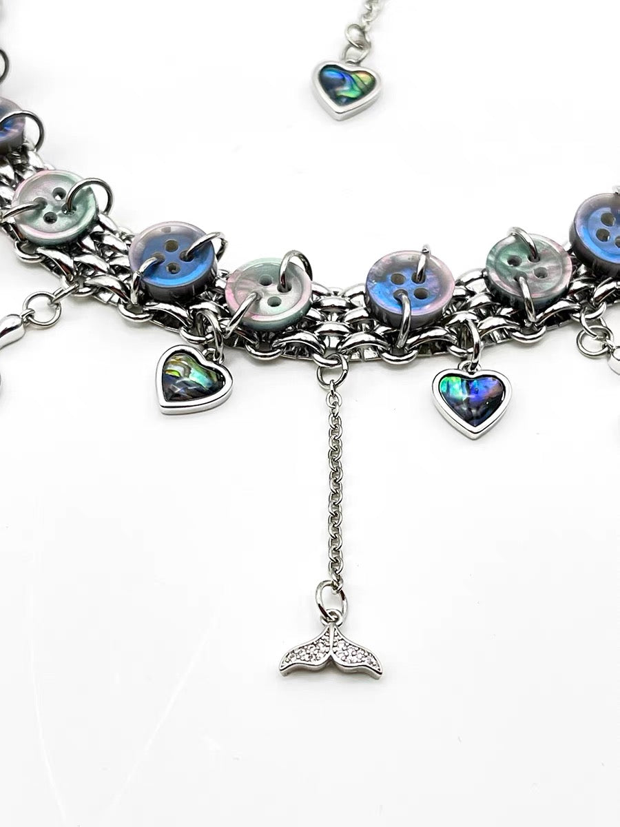 Y2K Heart Shape Button Necklace Metallic Niche Punk Mermaid Tail Pendant Chunky Choker chain