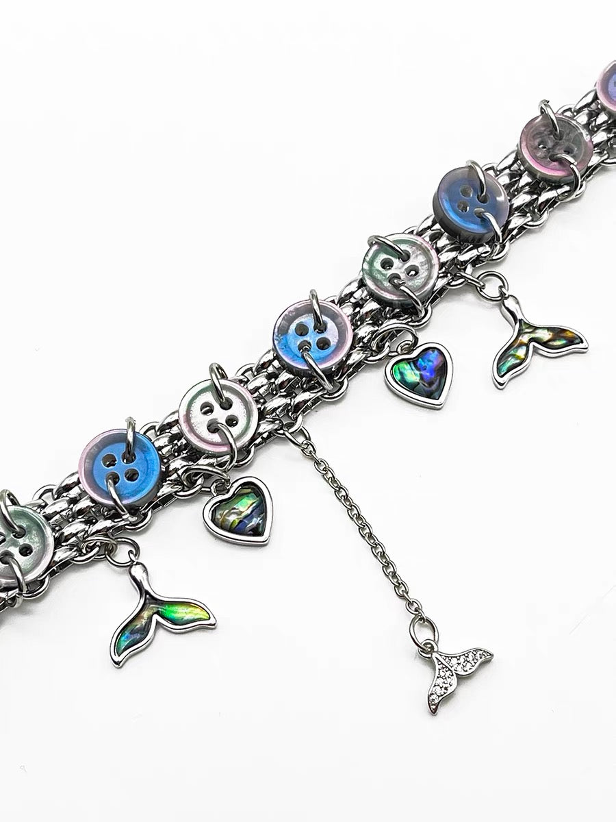 Y2K Heart Shape Button Necklace Metallic Niche Punk Mermaid Tail Pendant Chunky Choker chain