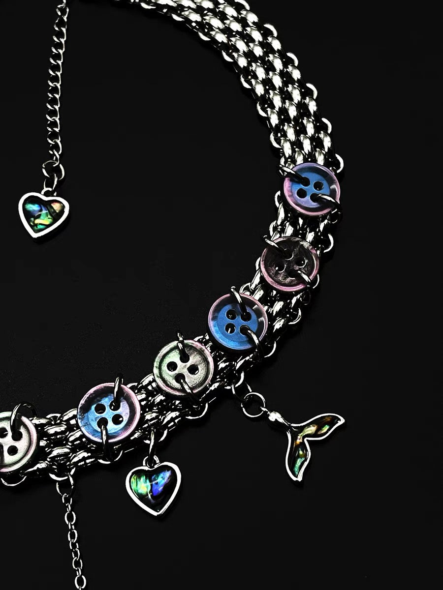 Y2K Heart Shape Button Necklace Metallic Niche Punk Mermaid Tail Pendant Chunky Choker chain