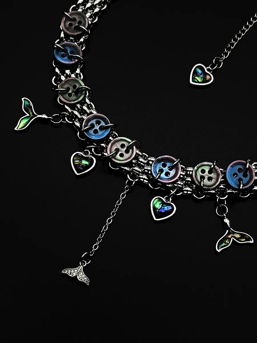 Y2K Heart Shape Button Necklace Metallic Niche Punk Mermaid Tail Pendant Chunky Choker chain