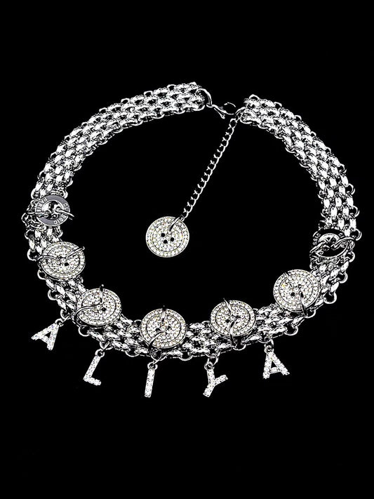 Rhinestone Silver Button Sparkling Alphabet Pendant  Customizable Necklace, Y2k Chunky Chain Choker for Man and Woman