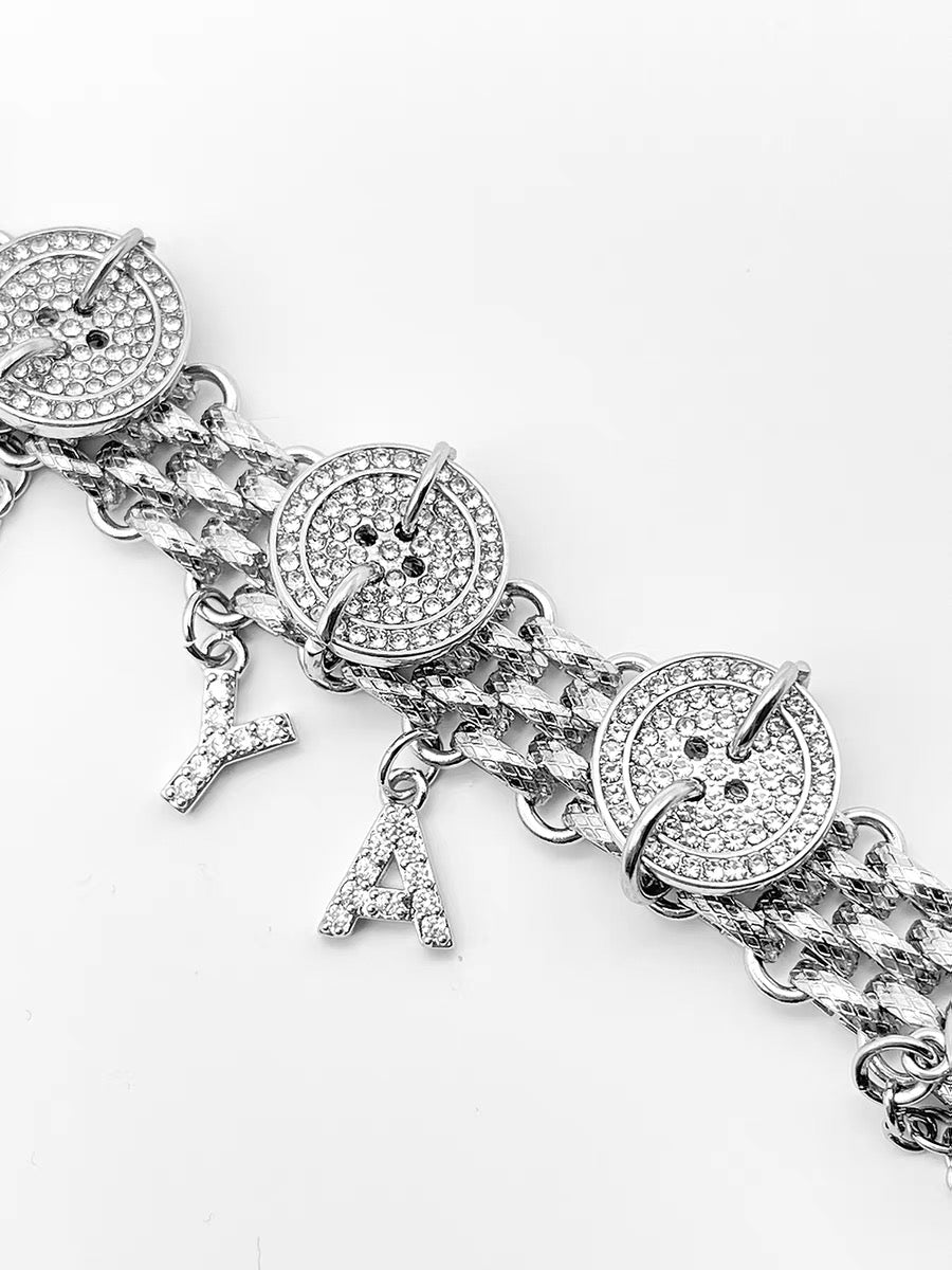 Rhinestone Silver Button Sparkling Alphabet Pendant Customizable Necklace, Y2k Chunky Chain Choker for Man and Woman