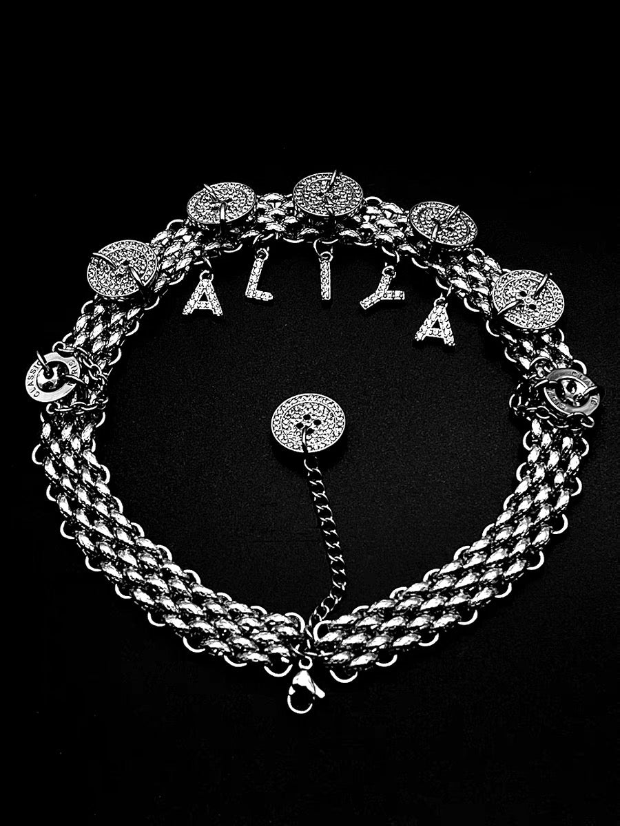 Rhinestone Silver Button Sparkling Alphabet Pendant Customizable Necklace, Y2k Chunky Chain Choker for Man and Woman