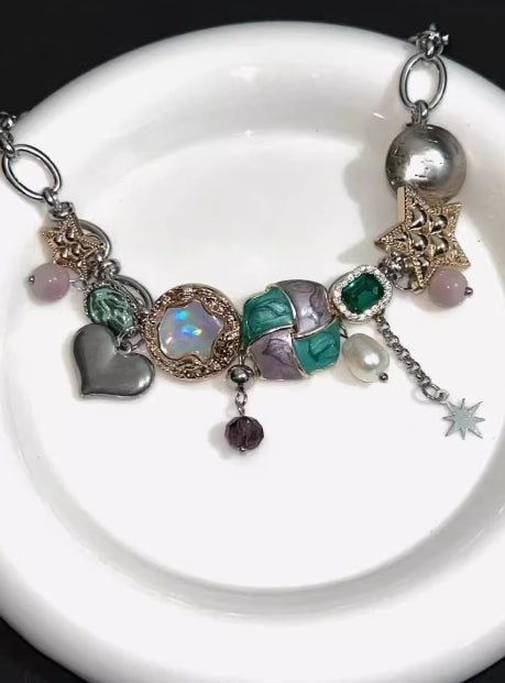 Vintage Enamel Star, Heart, and Geometric Shape Gemstone Necklace - Exquisite Handcrafted Silver Choker