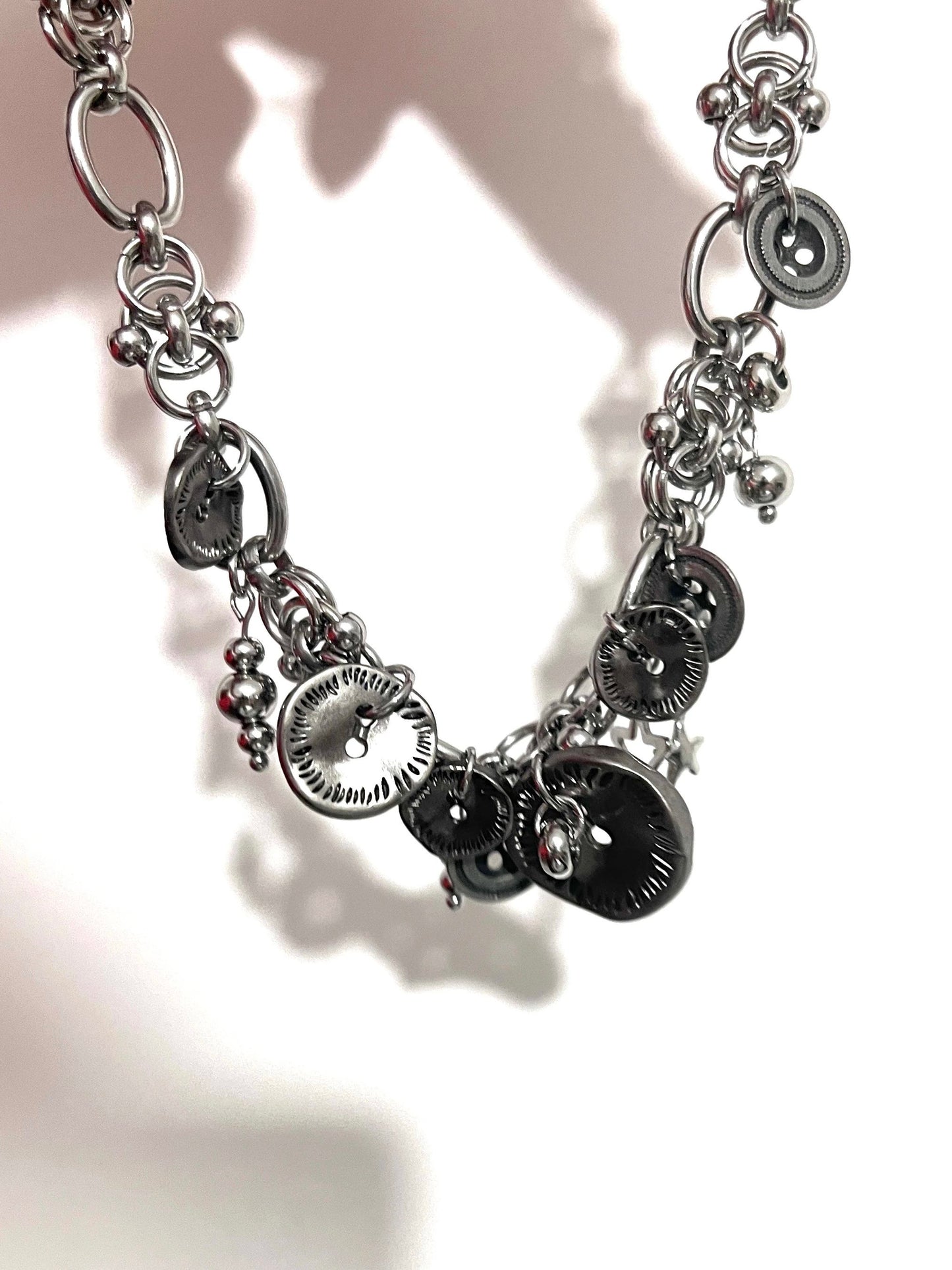 Cyberpunk silver button chunky chain choker, Star embellishment,Vintage Silver Choker,masculine style
