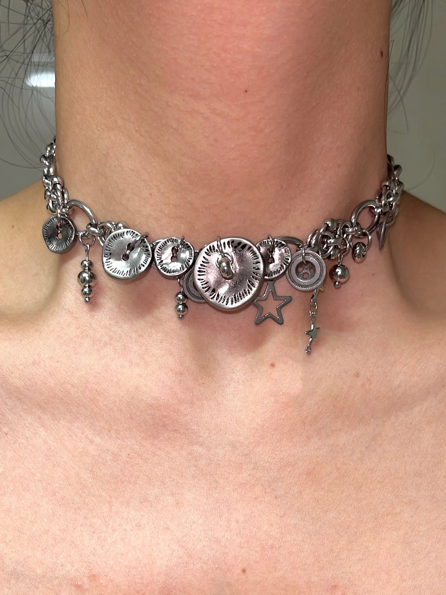 Cyberpunk silver button chunky chain choker, Star embellishment,Vintage Silver Choker,masculine style