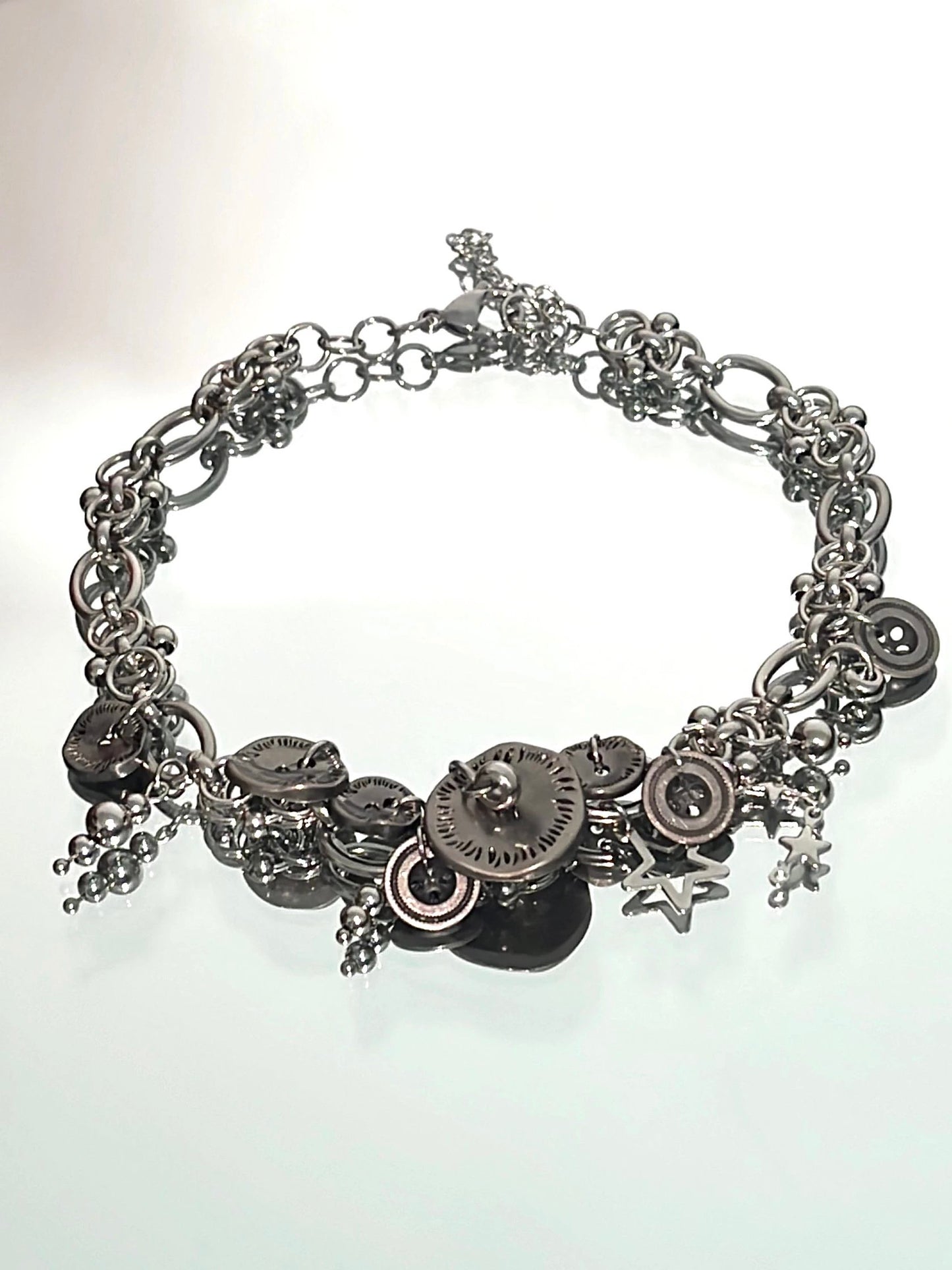 Cyberpunk silver button chunky chain choker, Star embellishment,Vintage Silver Choker,masculine style
