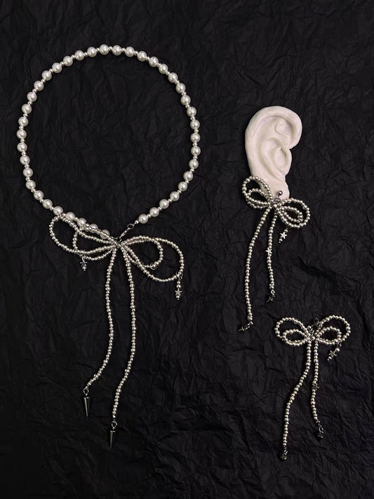 Baroque Pearl Beaded Chunky Niche Punk Butterfly Pendant Necklace Choker Chain and Earrings