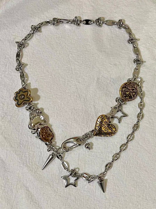 Chunky Niche Punk Sliver Necklace Choker Heart Pendant Trendy Cool Tassels Chain and Ring