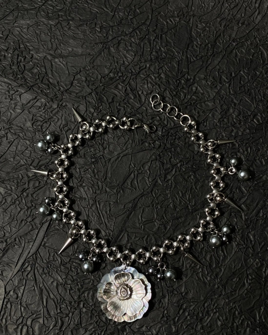 Cyberpunk flower silver chunky chain choker,Spike element,Avant-garde Y2Kchoker,Special design