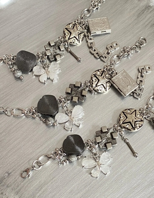 vintage punk Crystal Butterfly Bracelet,Silver star button,Multiple metal element design bracelet