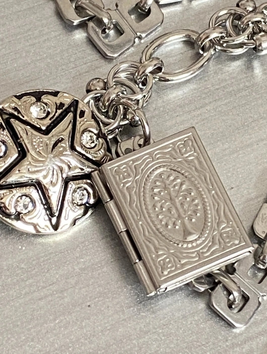 vintage punk Crystal Butterfly Bracelet,Silver star button,Multiple metal element design bracelet