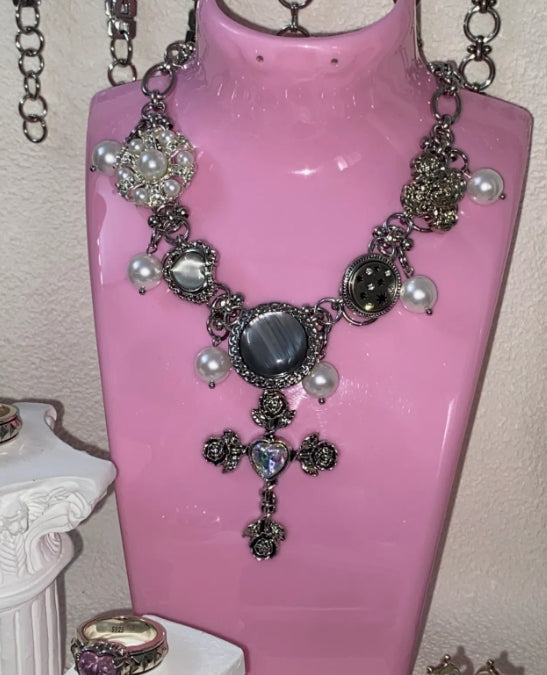 Cyberpunk Gemstone-Encrusted Cross Pendant Silver Choker ,Blue Crystal-Encrusted with Button and Pearl Accents,Y2Kchoker.