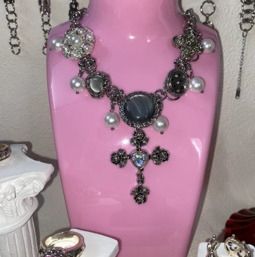 Cyberpunk Gemstone-Encrusted Cross Pendant Silver Choker ,Blue Crystal-Encrusted with Button and Pearl Accents,Y2Kchoker.