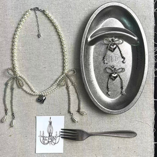 Pearl Bownot Lace Ribbon Necklace Choker and Cute Bow Stud Sliver Earrings Jewelry for Women