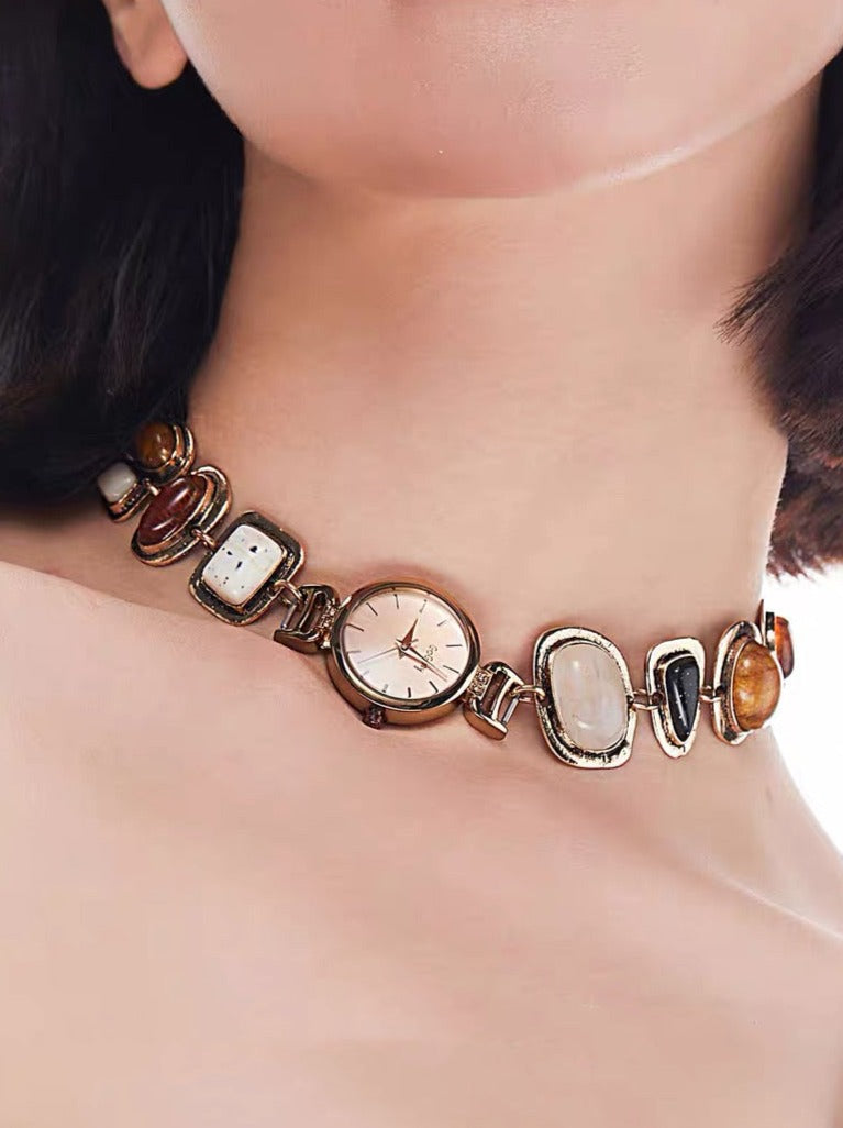 CyberPunk Watch Choker, Niche Chunky Chain Necklace, Vintage Gemstone Jewelry,Y2K Accessory