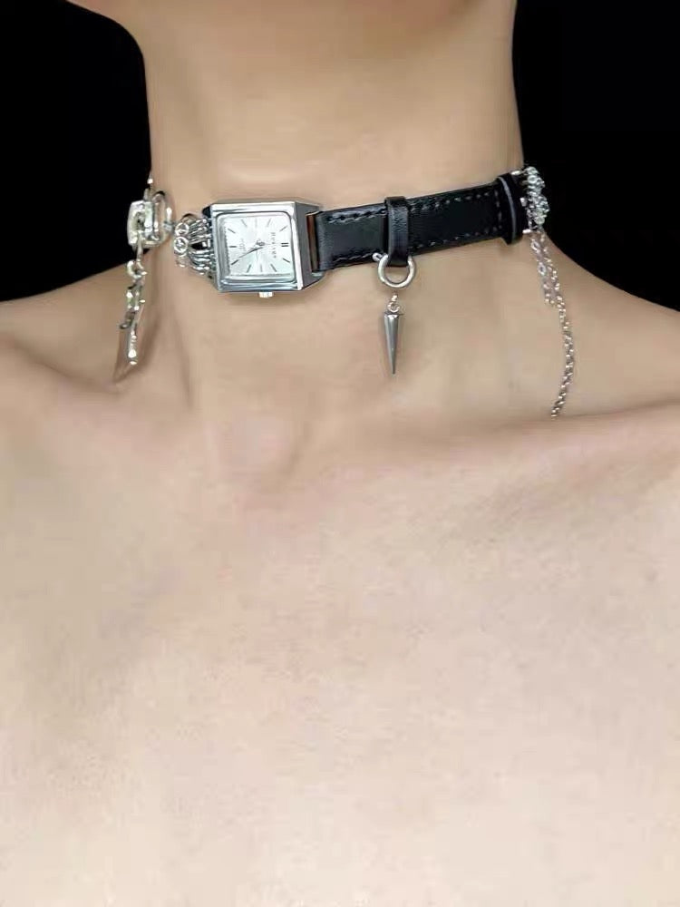Y2K Cyber Punk Watch Leather Choker Niche Chunky Gothic Necklace Chain for Women Men
