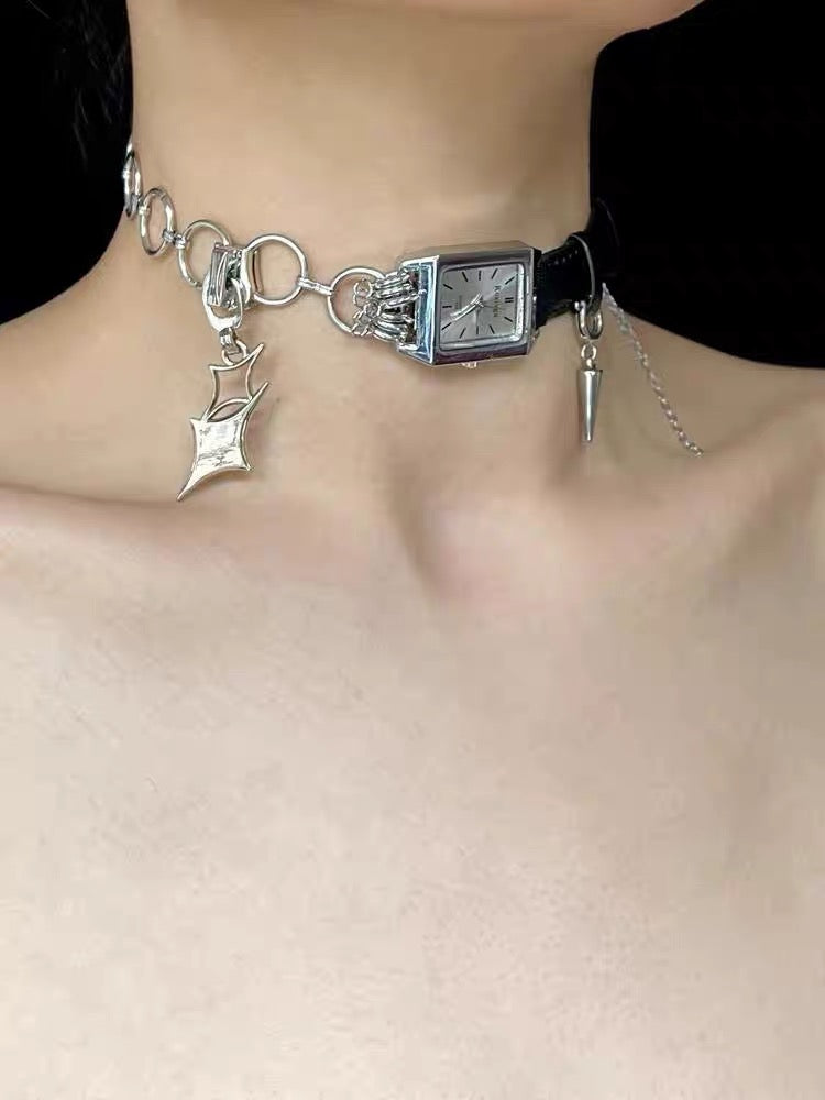 Y2K Cyber Punk Watch Leather Choker Niche Chunky Gothic Necklace Chain for Women Men