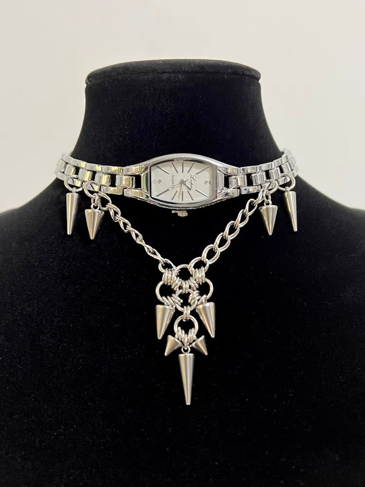 Y2K Cyber Punk Niche Chunky Watch Choker Metallic Necklace Sliver Titanium Steel Chain