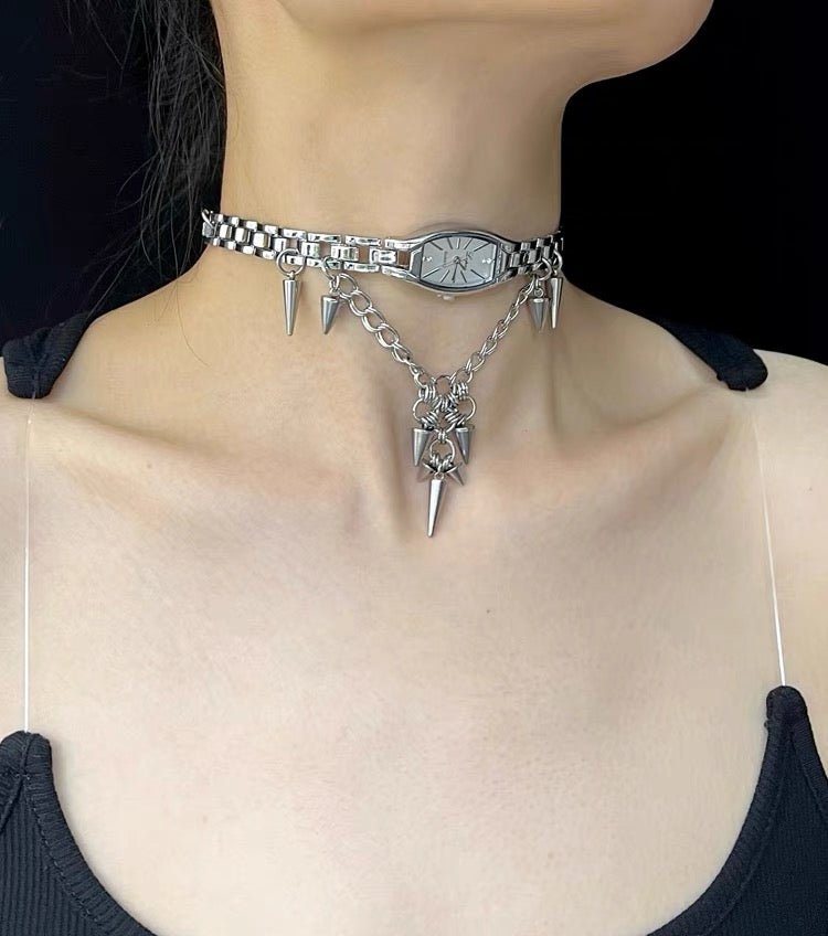 Y2K Cyber Punk Niche Chunky Watch Choker Metallic Necklace Sliver Titanium Steel Chain
