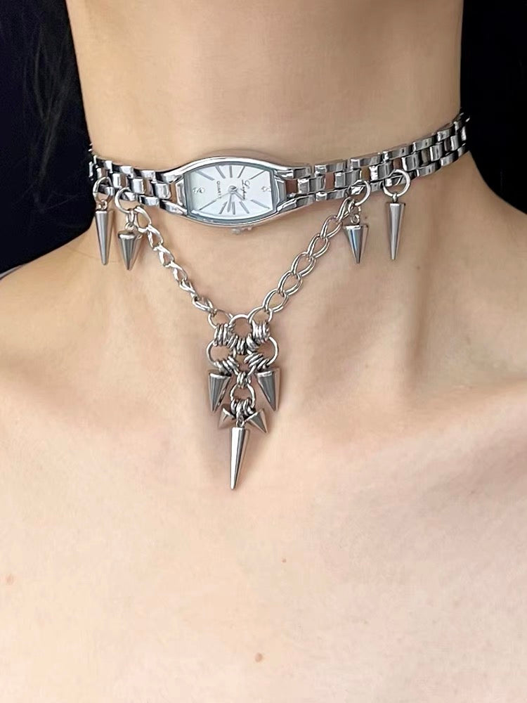 Y2K Cyber Punk Niche Chunky Watch Choker Metallic Necklace Sliver Titanium Steel Chain