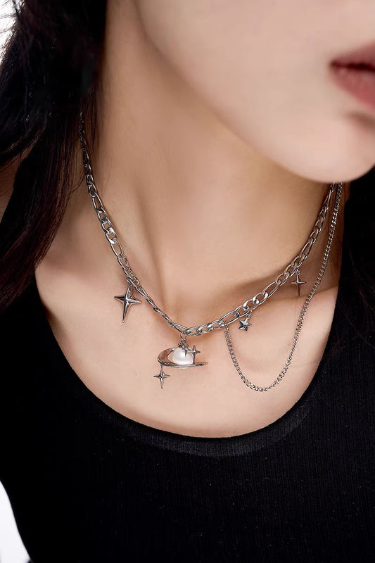 Cyber Punk Niche Chunky Pearl Star Pendant Choker Y2K Metallic Layer Necklace Sliver Chain