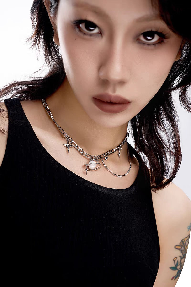Cyber Punk Niche Chunky Pearl Star Pendant Choker Y2K Metallic Layer Necklace Sliver Chain