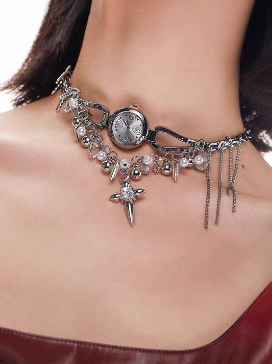 Y2K Cyber Punk Watch Cross Choker Metallic Niche Chunky Pearl Beaded Vintage Jewelry Necklace