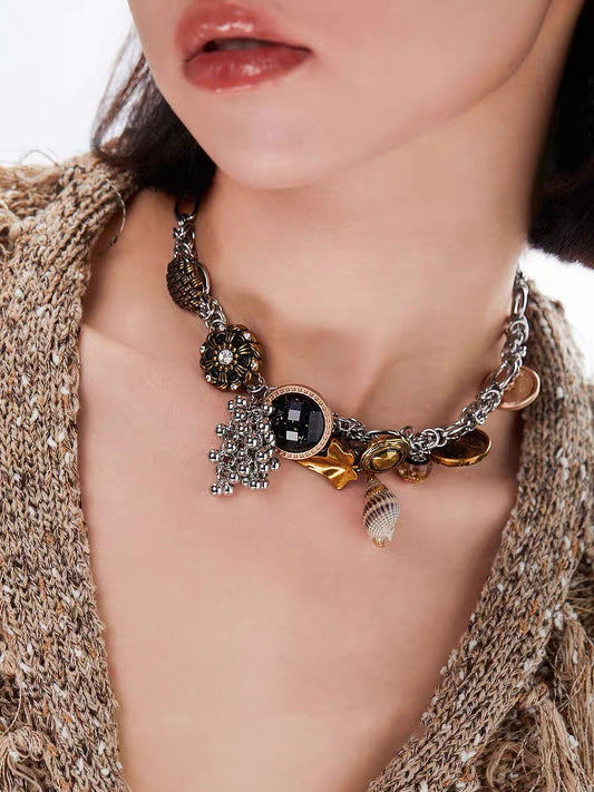 Vintage Jewelry Choker Rhinestone Pendant Necklace Niche Punk Chunky Sliver Chain Accesseries