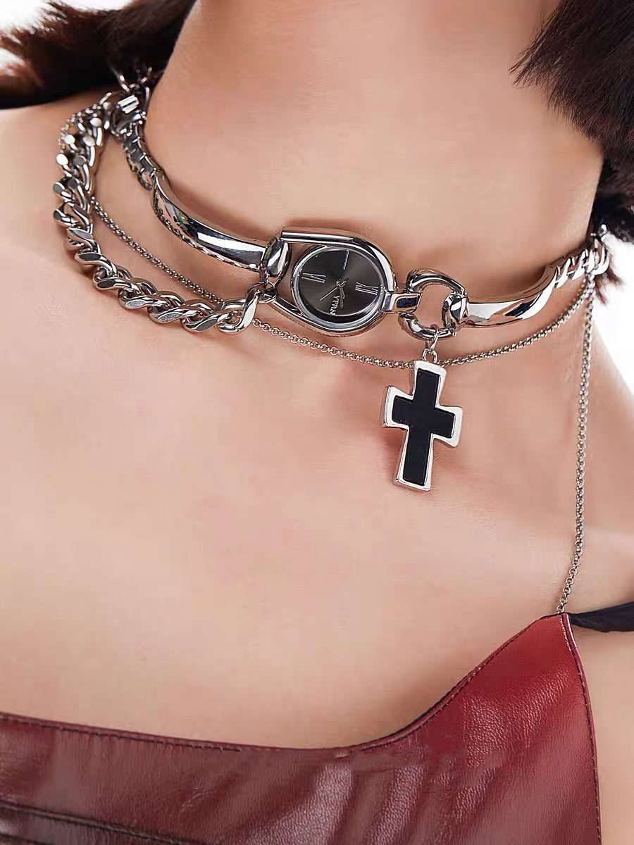 Punk Niche Chunky Watch Cross Pendant Choker Metallic Necklace Sliver Titanium Steel Chain