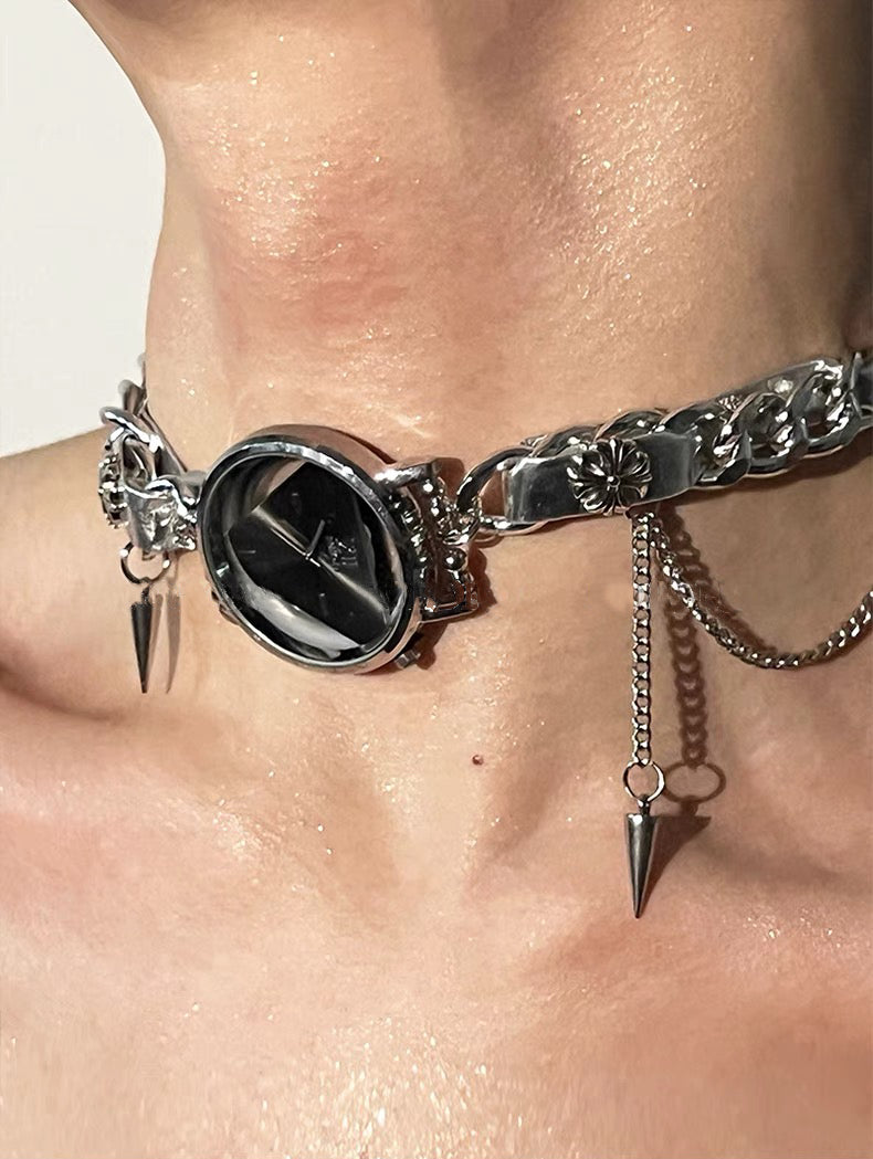 Cyber Punk Niche Chunky Watch Leather Y2K Choker Metallic Jewelry Trendy Necklace Sliver Chain Accessories