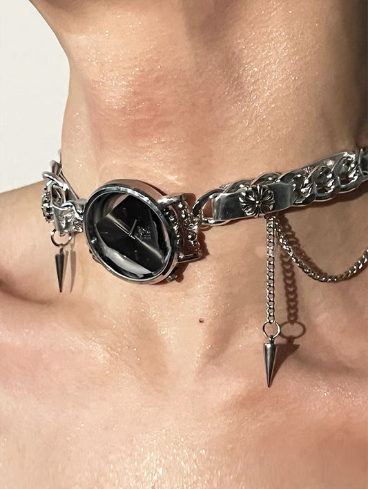 Cyber Punk Niche Chunky Watch Leather Y2K Choker Metallic Jewelry Trendy Necklace Sliver Chain Accessories