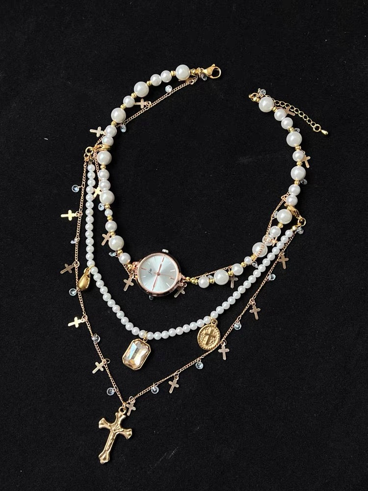 Vintage Jewelry Dainty Pearl Pendant Watch Layer Necklace Copper Plated 18K Cross Choker Chain