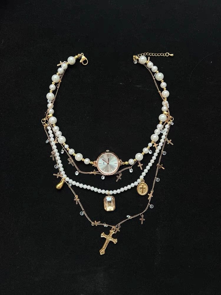 Vintage Jewelry Dainty Pearl Pendant Watch Layer Necklace Copper Plated 18K Cross Choker Chain