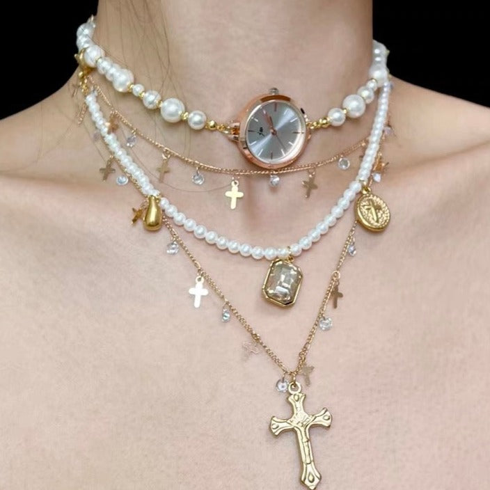 Vintage Jewelry Dainty Pearl Pendant Watch Layer Necklace Copper Plated 18K Cross Choker Chain