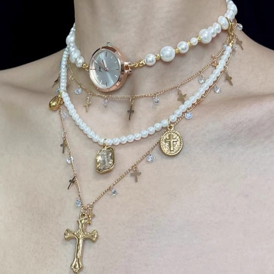 Vintage Jewelry Dainty Pearl Pendant Watch Layer Necklace Copper Plated 18K Cross Choker Chain