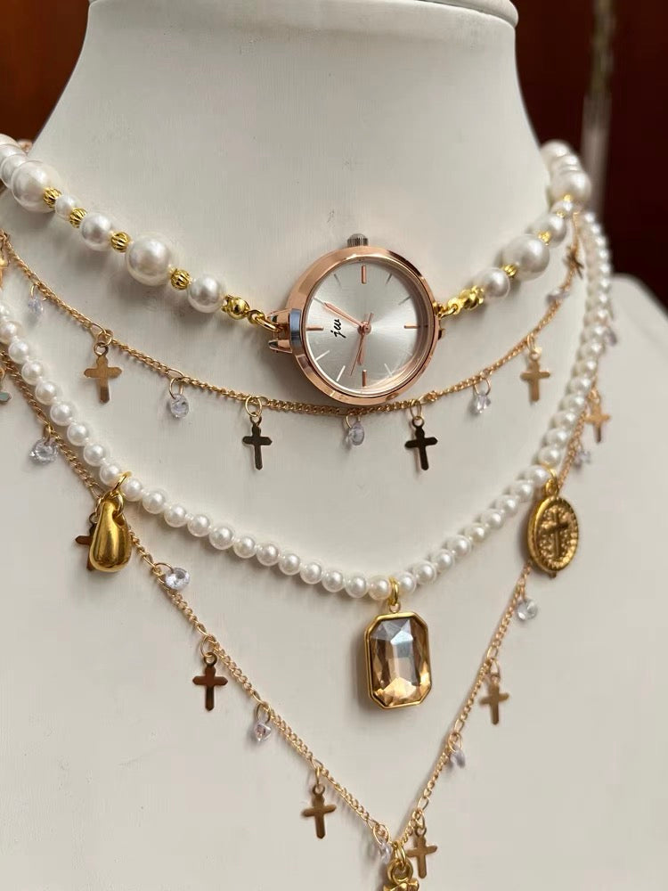 Vintage Jewelry Dainty Pearl Pendant Watch Layer Necklace Copper Plated 18K Cross Choker Chain