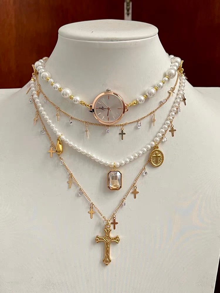 Vintage Jewelry Dainty Pearl Pendant Watch Layer Necklace Copper Plated 18K Cross Choker Chain