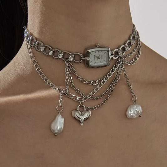 Cyberpunk Baroque Silver Watch Necklace, Y2K Metal Gothic, Chunky Layered Chain Necklace, Unique and Personalized Accessories