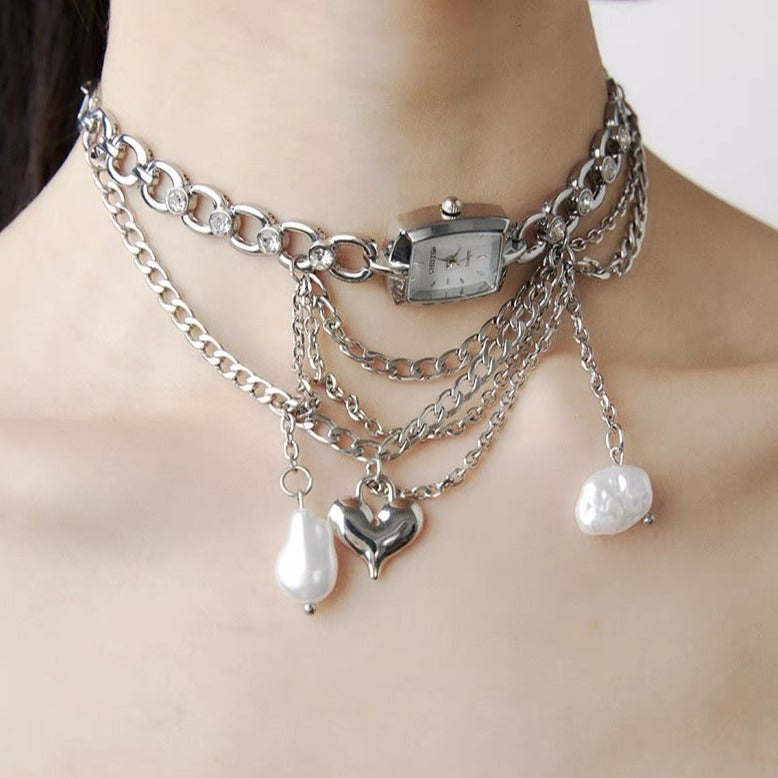 Cyberpunk Baroque Silver Watch Necklace, Y2K Metal Gothic, Chunky Layered Chain Necklace, Unique and Personalized Accessories