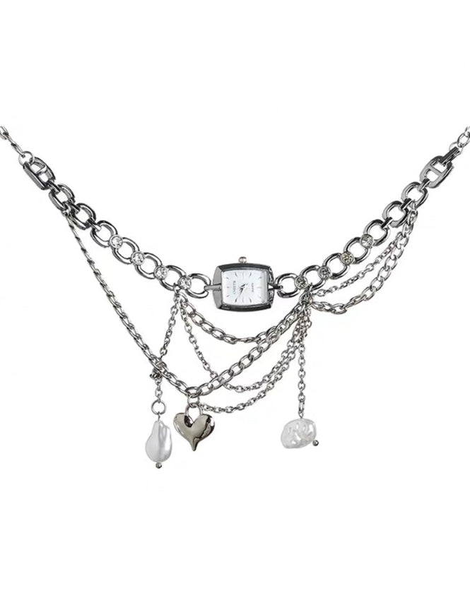 Cyberpunk Baroque Silver Watch Necklace, Y2K Metal Gothic, Chunky Layered Chain Necklace, Unique and Personalized Accessories