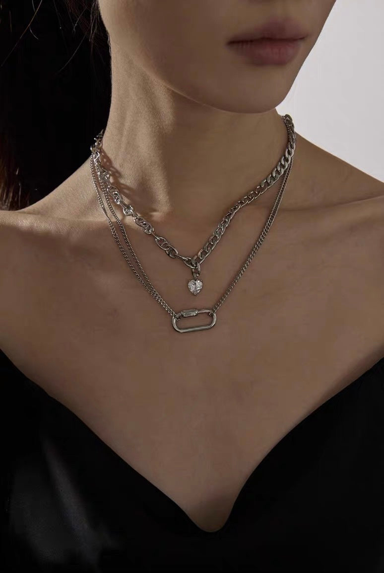 Silver Layered Choker Necklace Aesthetic Punk Jewelry Pendant Chunky Chain for Women Men