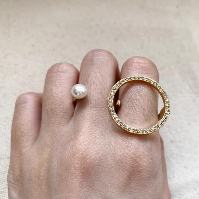 Elegant circular ring with double ring design adorned with pearls ,Golden ring, a perfect gift