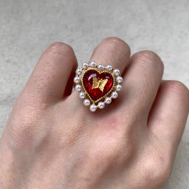 Vintage Heart Shape Ring Retro Pearl Beaded Dainty Adjustable Finger Rings for Women