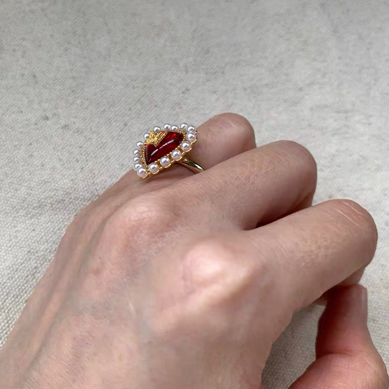 Vintage Heart Shape Ring Retro Pearl Beaded Dainty Adjustable Finger Rings for Women