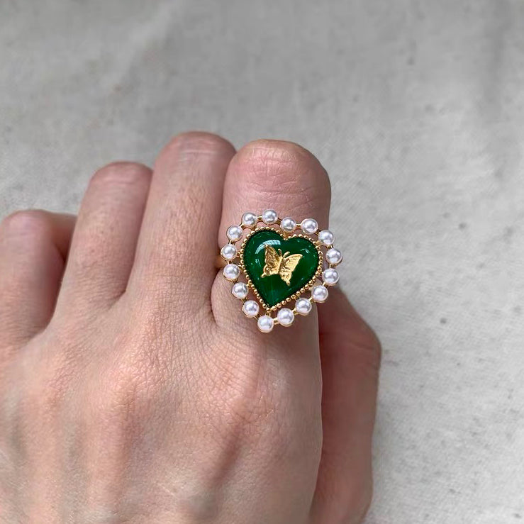 Vintage Heart Shape Ring Retro Pearl Beaded Dainty Adjustable Finger Rings for Women