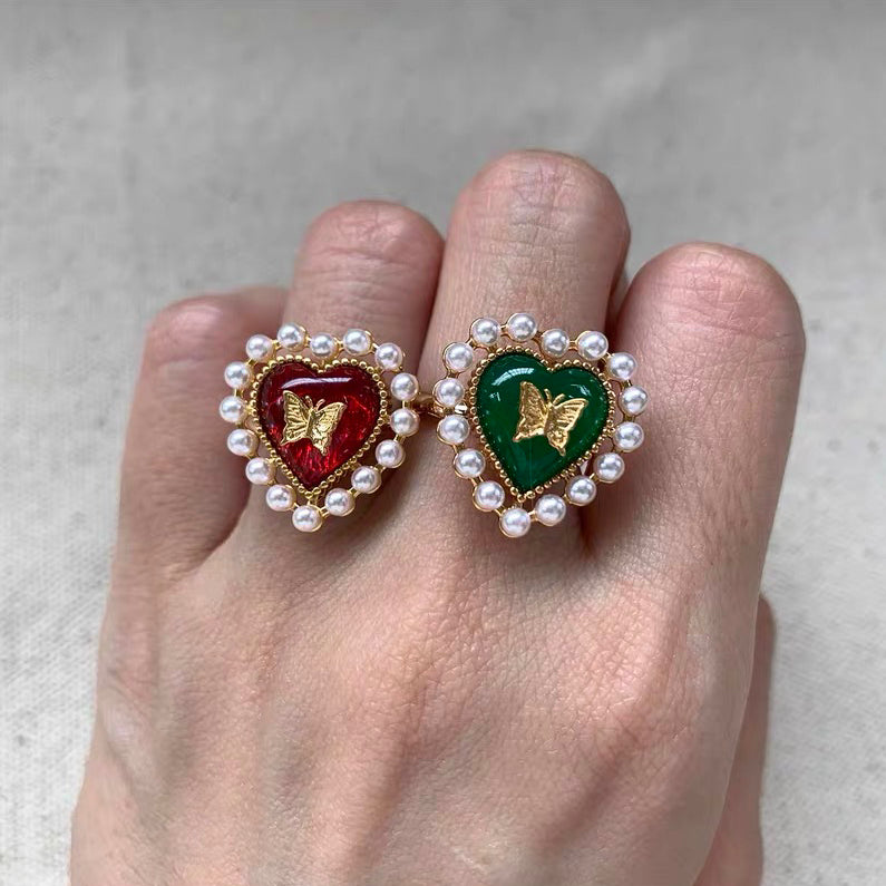 Vintage Heart Shape Ring Retro Pearl Beaded Dainty Adjustable Finger Rings for Women