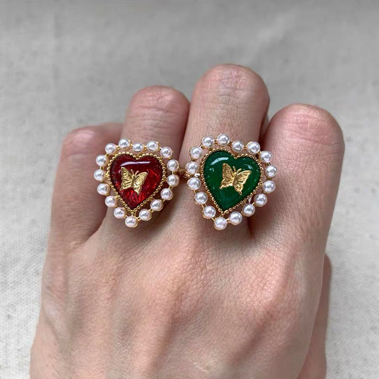 Vintage Heart Shape Ring Retro Pearl Beaded Dainty Adjustable Finger Rings for Women